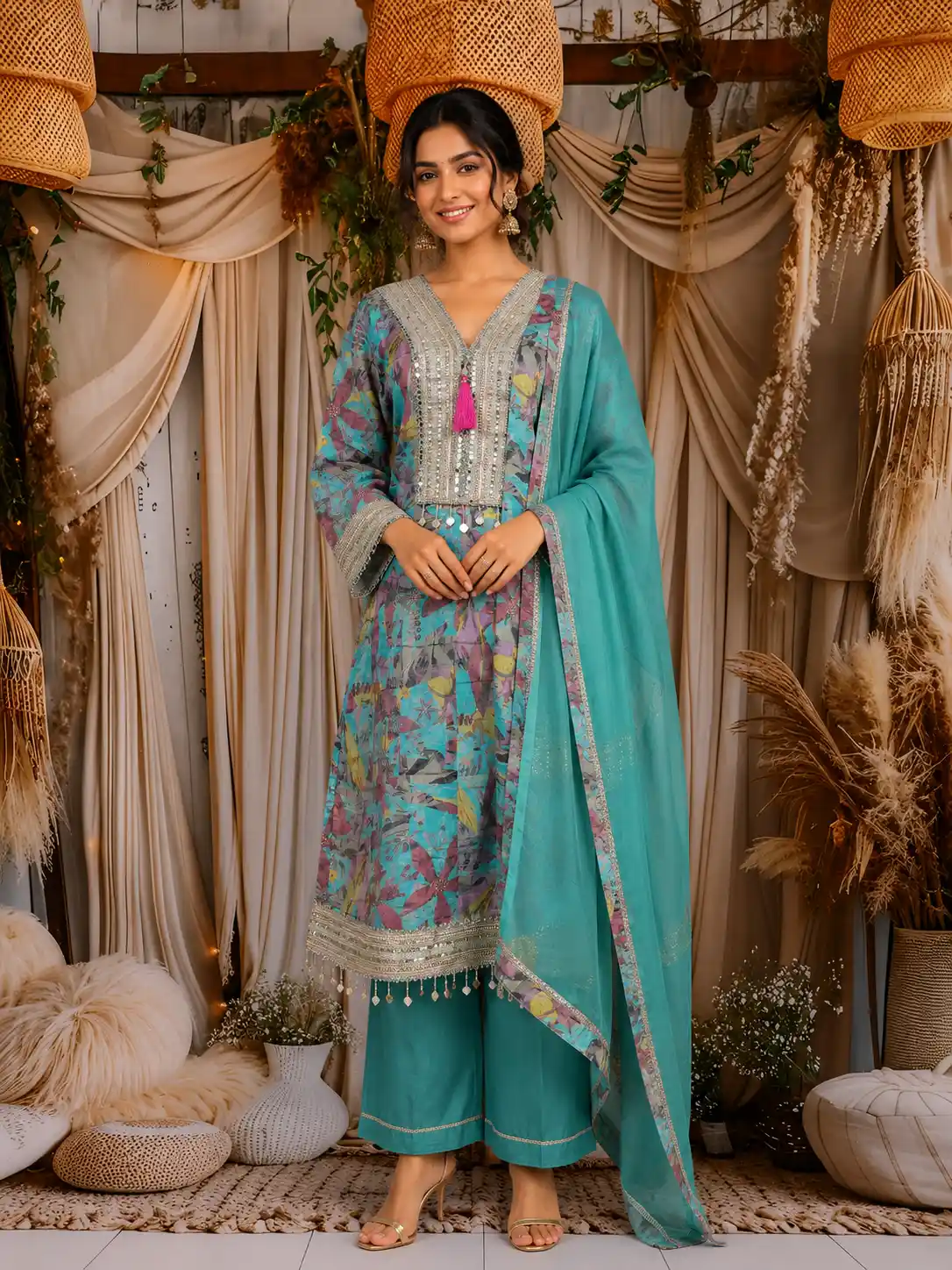 Teal Blue Floral Printed Design Tissue Silk Anarkali Salwar Suit
